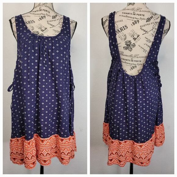 Roxy Mini Dress Womens Sz Large Side lace up Sleeveless Babydoll Cottage Boho - Picture 1 of 16
